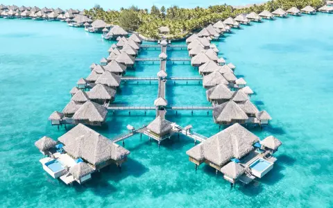 Bora Bora, gdzie jest? Rajskie domki na wodzie w turkusowej lagunie, otoczone palmami.