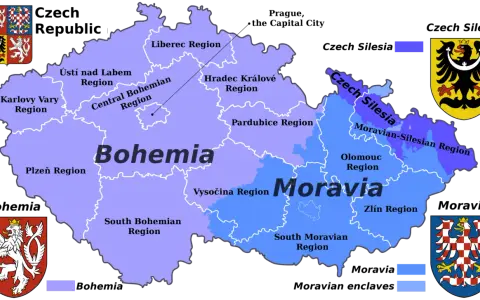 Mapa Czech z podziałem na regiony: Czechy właściwe (Bohemia) i Morawy. Kraina z brnem to Morawy, z zaznaczonymi regionami: Południowomorawskim, Ołomunieckim i Zlinskim.
