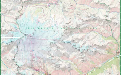 Mapa turystyczna z zaznaczonymi szlakami i lodowcami w rejonie gór z Elbrusem.