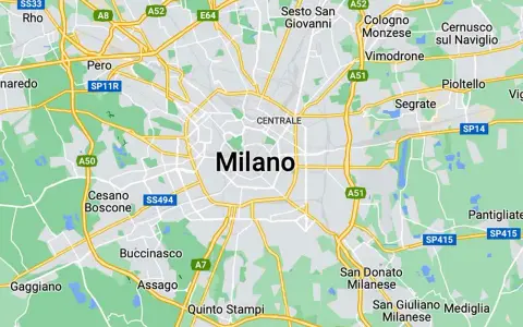 Mapa pokazuje, gdzie jest Mediolan, otoczony przez miasta takie jak Pero, Cesano Boscone i Sesto San Giovanni.