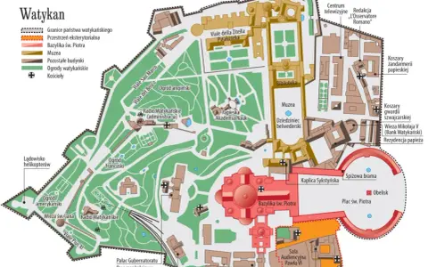 Mapa Watykanu, pokazująca granice państwa, bazylikę, muzea i ogrody. Czy Watykan to państwo? Tak, ta mapa to dowód!