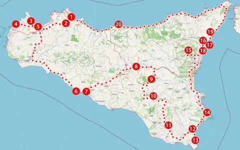 Mapa Sycylii z zaznaczonymi trasami i punktami, w tym lotniska. Punkty od 1 do 20 oznaczają miejsca do odwiedzenia.
