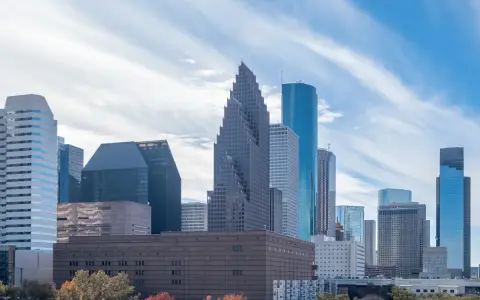 Widok na centrum Houston, największe miasto Teksasu, z drapaczami chmur i drzewami w jesiennych barwach.