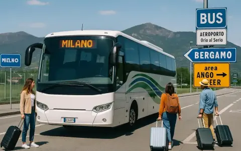 Autobus do Mediolanu i drogowskaz na Bergamo. Turyści z walizkami czekają na transport.