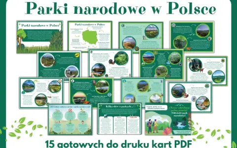 Wizualizacja przedstawia 15 kart PDF o parkach narodowych w Polsce, zachęcając do odkrywania piękna natury.