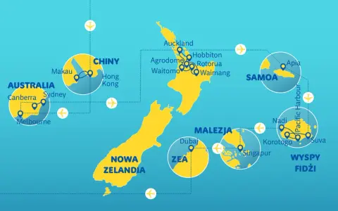 Mapa przedstawia podróż po wyspach Oceanii, z zaznaczonymi trasami lotniczymi do Australii, Nowej Zelandii, Samoa, Fidżi, Chin i Malezji.