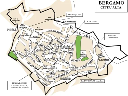 Mapa Citta Alta w Bergamo, z zaznaczonymi ulicami, placami i zabytkami.