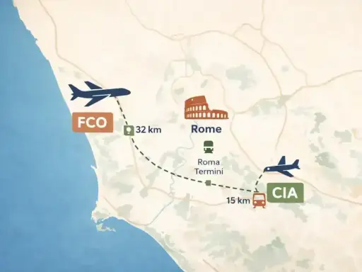 Mapa pokazuje lotnisko Fiumicino (FCO) 32 km od Rzymu, z Koloseum i dworcem Roma Termini, oraz lotnisko Ciampino (CIA) 15 km od dworca.