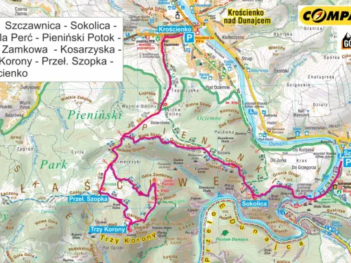 Mapa turystyczna Pienin z zaznaczonymi szlakami i trasami, w tym szczyty Trzy Korony i Sokolica.