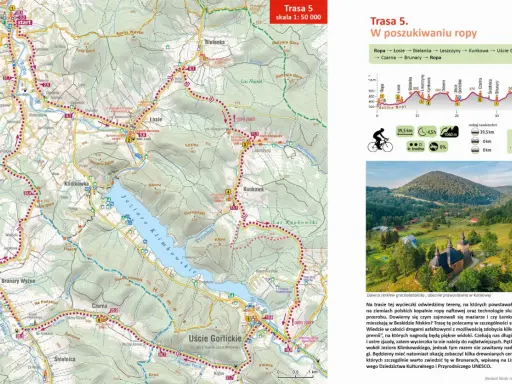 Trasa rowerowa "W poszukiwaniu ropy" przez malowniczy Beskid Niski, z widokiem na cerkiew w Kunkowej.