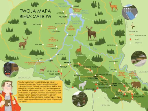 Mapa Bieszczadów z zaznaczonymi szlakami, szczytami, schroniskami, jeziorami i zwierzętami.