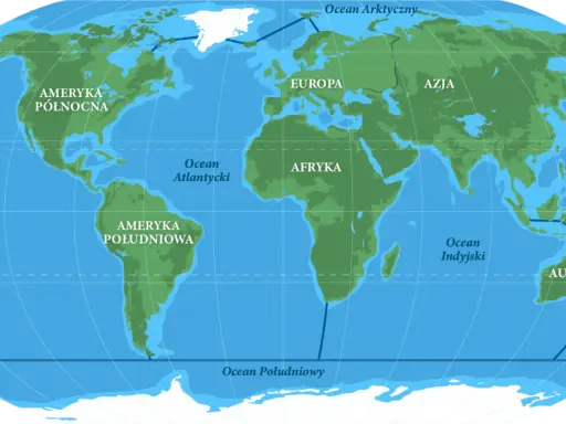 Mapa świata z zaznaczonymi kontynentami i oceanami: Spokojnym, Atlantyckim, Indyjskim, Południowym i Arktycznym.
