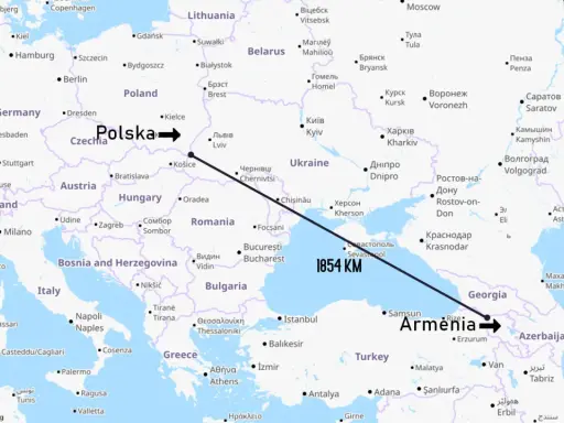 Mapa pokazuje odległość 1854 km z Polski do Armenii, sugerując, że Armenia nie jest w Europie.