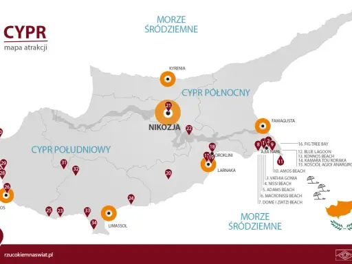 Mapa atrakcji Cypru, ukazująca jego geografię z zaznaczonymi miastami jak Nikozja, Pafos, Limassol i kurortami nad Morzem Śródziemnym.