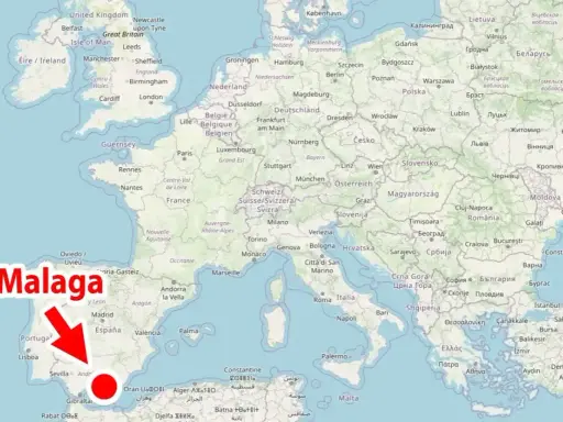 Gdzie jest Malaga? Na mapie Europy, na południu Hiszpanii, zaznaczona czerwoną strzałką i kropką.