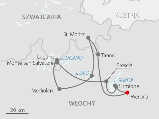 Mapa pokazuje trasę podróży przez Szwajcarię i Włochy, gdzie są Alpy. Odwiedzane miejsca to m.in. Lugano, St. Moritz, Mediolan, Werona i jeziora Garda, Iseo, Lugano.