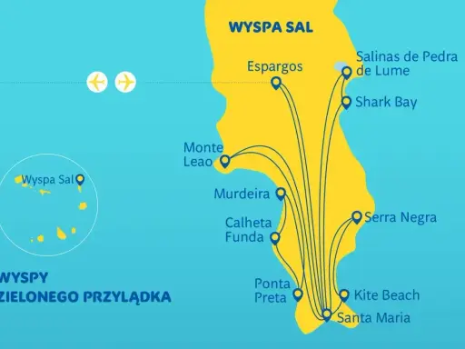 Mapa turystyczna Wyspy Sal, jednej z wysp Zielonego Przylądka, z zaznaczonymi atrakcjami: Espargos, Santa Maria, Kite Beach.