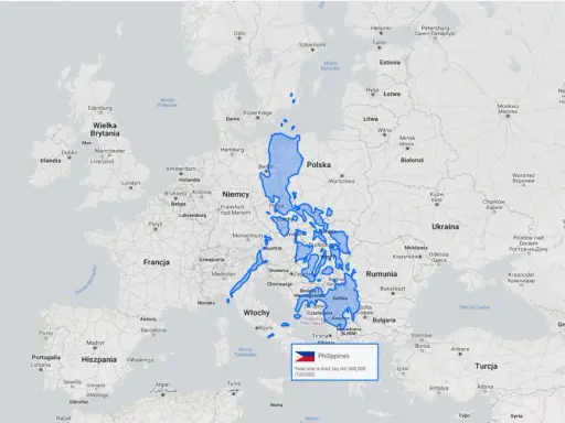 Filipiny rozciągają się od Bałtyku po Morze Czarne, pokazując, gdzie leżą Filipiny w porównaniu do Europy.