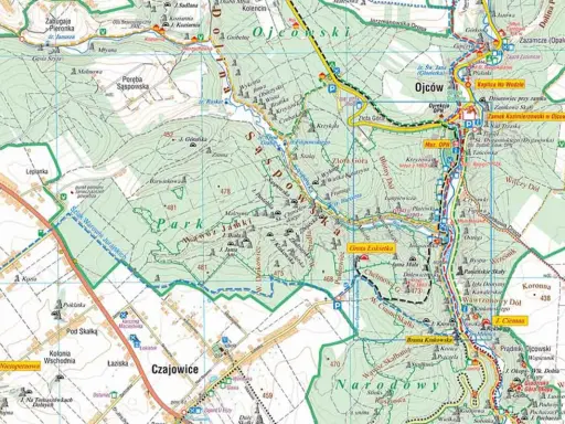 Mapa turystyczna Ojcowski Park Narodowy. Gdzie zacząć? Szlak Warowni Jurajskich, Grota Łokietka, Zamek Kazimierzowski.