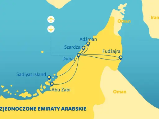 Mapa Zjednoczonych Emiratów Arabskich z zaznaczonym Dubajem, Szardżą, Adżmanem, Fudżajrą, Abu Zabi i wyspą Sadiyat. Pokazuje trasy podróży między tymi miejscami.