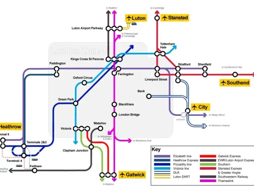 Mapa połączeń kolejowych z lotniskami w Anglii: Heathrow, Gatwick, Luton, Stansted, Southend.