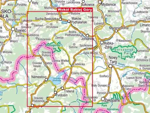 Mapa turystyczna z zaznaczonym szlakiem wokół Babiej Góry, obejmująca Beskid Żywiecki i Orawę.