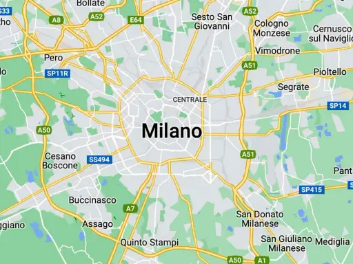 Mapa pokazuje, gdzie jest Mediolan, otoczony przez miasta takie jak Pero, Cesano Boscone i Sesto San Giovanni.