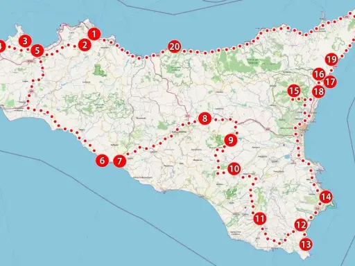 Mapa Sycylii z zaznaczonymi trasami i punktami, w tym lotniska. Punkty od 1 do 20 oznaczają miejsca do odwiedzenia.