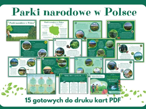 Wizualizacja przedstawia 15 kart PDF o parkach narodowych w Polsce, zachęcając do odkrywania piękna natury.
