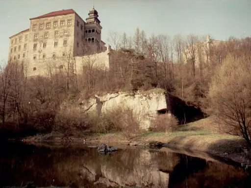 Zamek na skale nad wodą, otoczony drzewami. To krajobraz Ojcowskiego Parku Narodowego, najmniejszego parku narodowego w Polsce.
