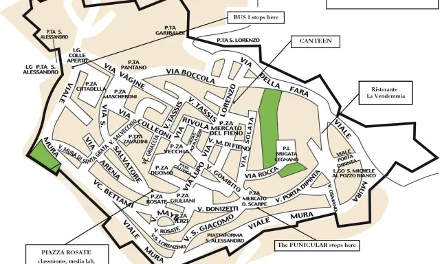 Mapa Citta Alta w Bergamo, z zaznaczonymi ulicami, placami i zabytkami.
