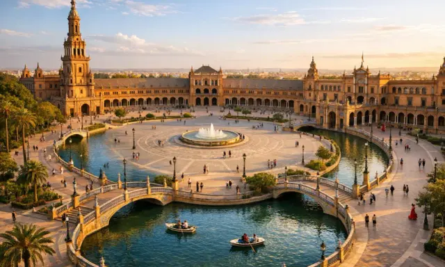 Zachód słońca nad Plaza de España w Sewilli. Ludzie pływają łódkami po kanale, a w tle widać wspaniałą architekturę. To piękne sevilla miasto.