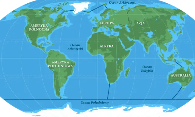 Mapa świata z zaznaczonymi kontynentami i oceanami: Spokojnym, Atlantyckim, Indyjskim, Południowym i Arktycznym.
