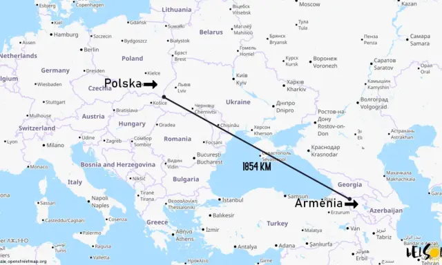Mapa pokazuje odległość 1854 km z Polski do Armenii, sugerując, że Armenia nie jest w Europie.