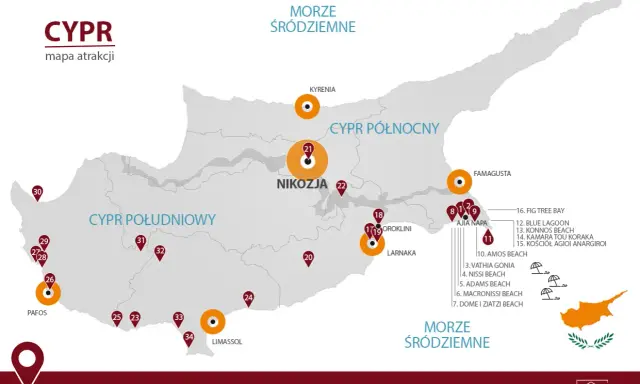 Mapa atrakcji Cypru, ukazująca jego geografię z zaznaczonymi miastami jak Nikozja, Pafos, Limassol i kurortami nad Morzem Śródziemnym.
