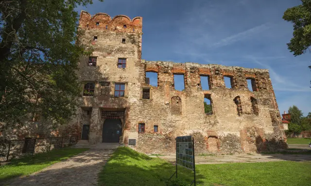 Zamek w Ząbkowicach Śląskich, ruiny z ceglaną wieżą i bramą, otoczone zielenią i błękitnym niebem.