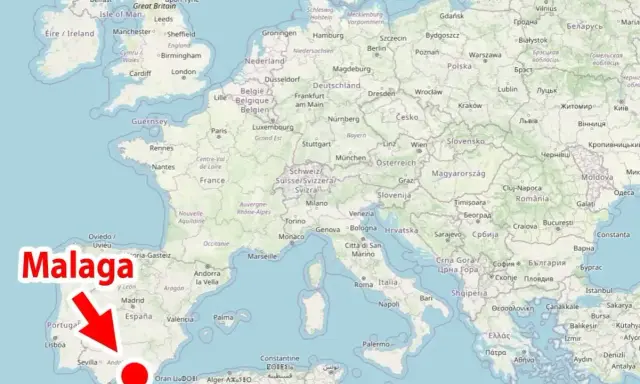 Gdzie jest Malaga? Na mapie Europy, na południu Hiszpanii, zaznaczona czerwoną strzałką i kropką.