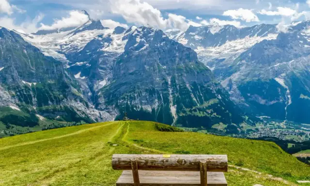 Ławka na tle majestatycznych gór w Grindelwald. Zielone wzgórza i skaliste szczyty tworzą zapierający dech w piersiach krajobraz.