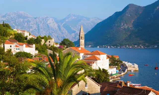 Perast, Czarnogóra – jedno z najpiękniejszych miejsc w Europie. Białe domy z czerwonymi dachami, palmowe liście i błękitna zatoka.
