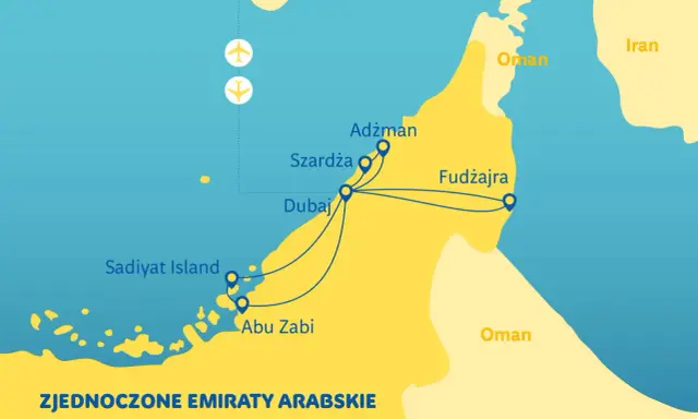 Mapa Zjednoczonych Emiratów Arabskich z zaznaczonym Dubajem, Szardżą, Adżmanem, Fudżajrą, Abu Zabi i wyspą Sadiyat. Pokazuje trasy podróży między tymi miejscami.