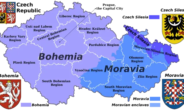 Mapa Czech z podziałem na regiony: Czechy właściwe (Bohemia) i Morawy. Kraina z brnem to Morawy, z zaznaczonymi regionami: Południowomorawskim, Ołomunieckim i Zlinskim.