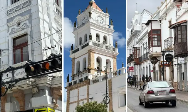 Architektura Sucre: wieża zegarowa, białe budynki z balkonami i uliczka z samochodem.