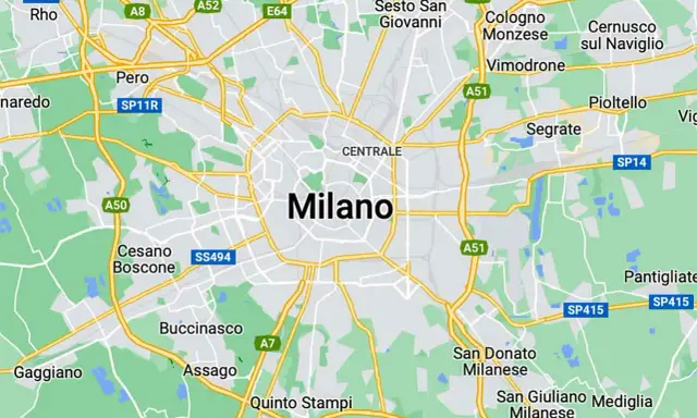 Mapa pokazuje, gdzie jest Mediolan, otoczony przez miasta takie jak Pero, Cesano Boscone i Sesto San Giovanni.