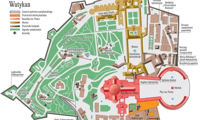 Mapa Watykanu, pokazująca granice państwa, bazylikę, muzea i ogrody. Czy Watykan to państwo? Tak, ta mapa to dowód!