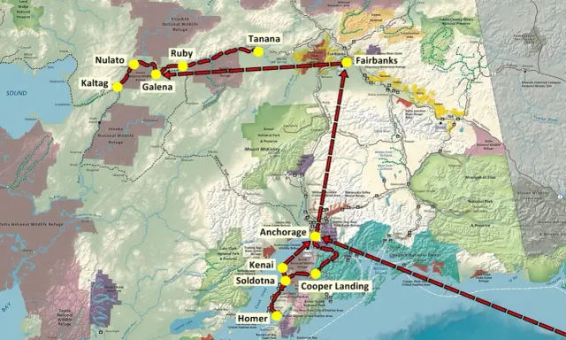 Trasa przez Alaskę: Nulato, Ruby, Galena, Fairbanks, Anchorage, Kenai, Soldotna, Cooper Landing, Homer. Gdzie jest Alaska? Tu!