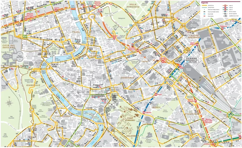 Mapa Rzymu z zaznaczonymi dzielnicami i liniami metra