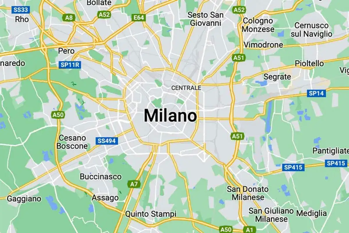 Mapa pokazuje, gdzie jest Mediolan, otoczony przez miasta takie jak Rho, Pero, Cesano Boscone, Buccinasco, Assago, Gaggiano, Sesto San Giovanni, Cologno Monzese, Vimodrone, Segrate, Pioltello, Cernusco sul Naviglio, Pantigliate, San Donato Milanese i S...