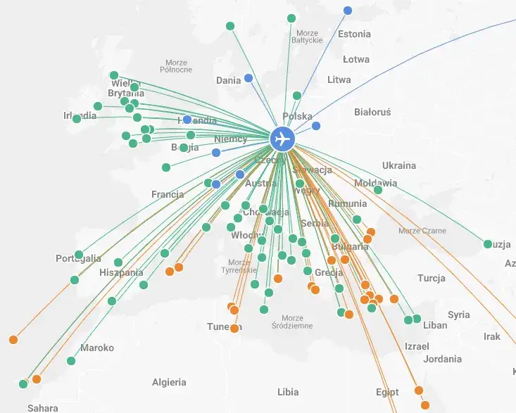 Mapa połączeń lotniczych z Wrocławia