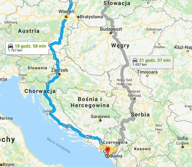 Mapa tras samochodowych Polska Czarnogóra noclegi tranzytowe