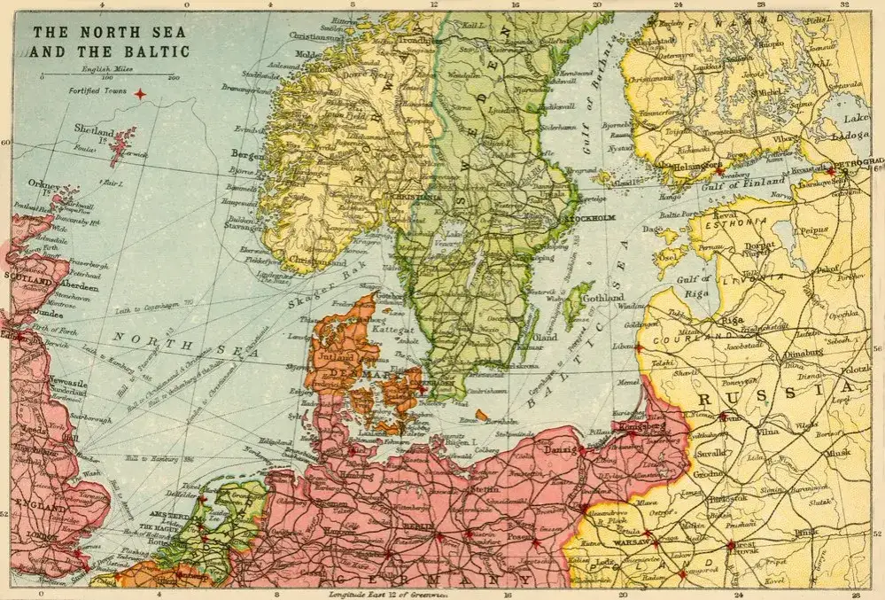 Mapa Morza Północnego z państwami
